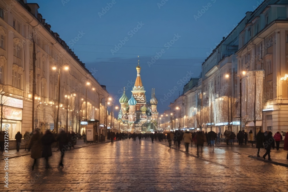 Obraz premium people walking down a street in a city at night, street of moscow, red square moscow, russian city, moscow kremlin. 