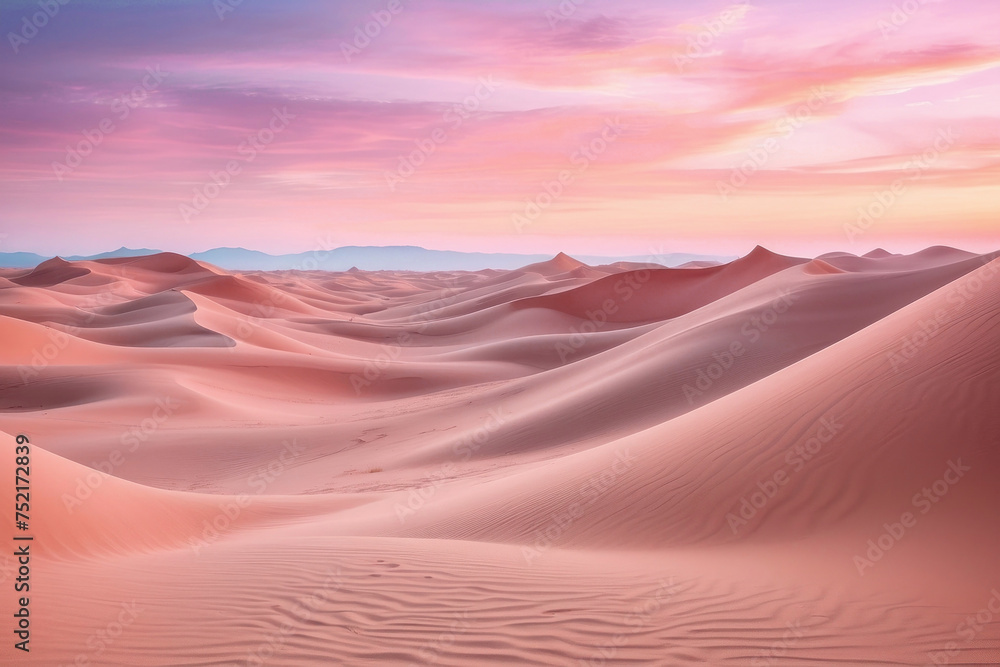 Fantastic landscape, pink sand dunes against a pink sky. Desert, alien landscape, pastel colors.