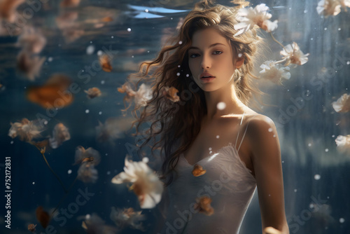 Graceful woman draped in a flowery gown, submerged and adrift in serene waters. © Canvas Alchemy