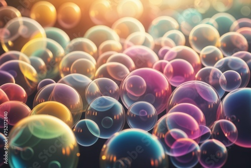 Beautiful flying soap bubbles on natural abstract multicolored background