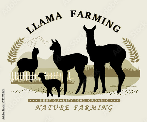 Frame with llama and alpaca farm objects silhouettes and text for product labels. Vector illustration.	