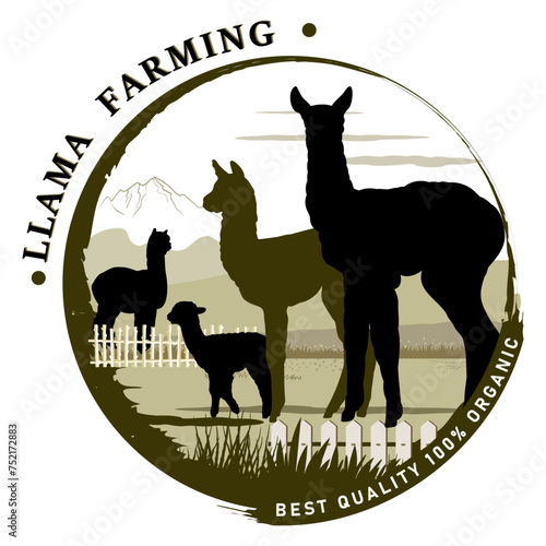 Round frame with llama and alpaca farm objects silhouettes and text for product labels. Vector illustration.	