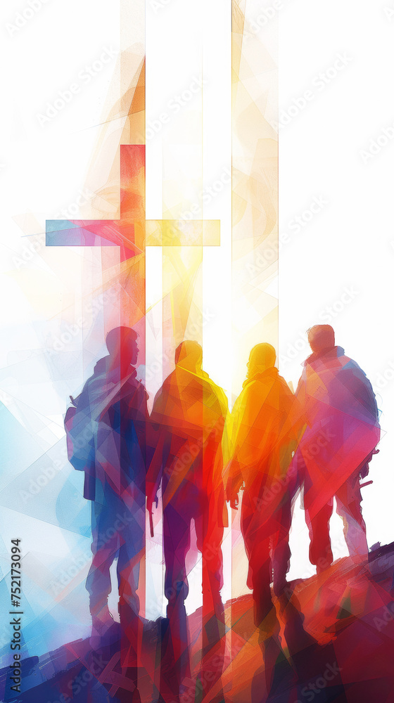 A group of individuals stands facing a tall cross. The cross appears to ...