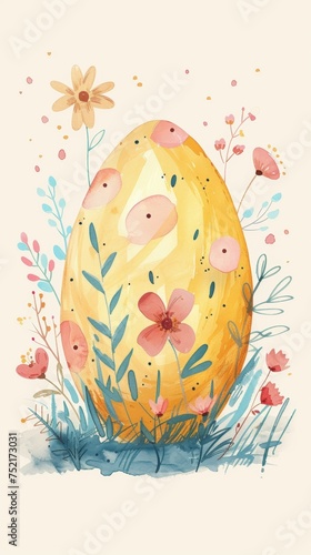A detailed painting featuring vibrant eggs and colorful flowers set. The eggs are adorned with intricate patterns. Generative AI