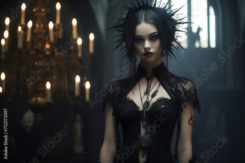 Enigmatic woman with purple-tinted hair in gothic attire, posing in a church setting with a mystical aura
