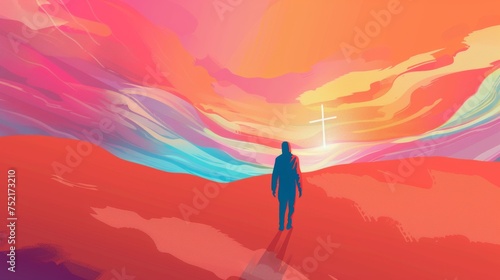 Painting depicting a man walking across a desert landscape with sand dunes towards a cross in the distance. Generative AI photo