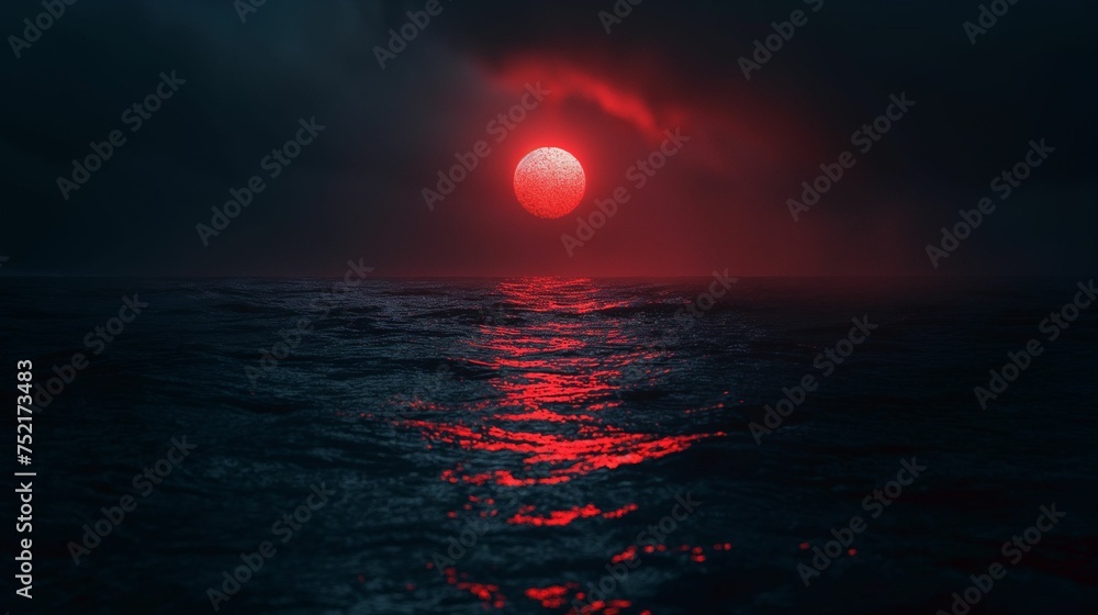 Image of red moon above the sea.