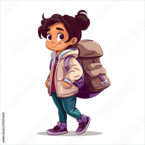 Cheerful kid wearing school jacket and carrying her backpack vector