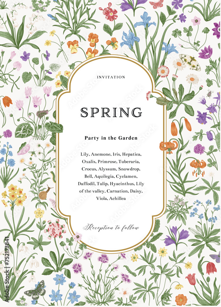 Spring. Invitation. Mille-fleurs. Vintage vector botanical illustration. 
 - obrazy, fototapety, plakaty 