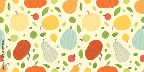 Pumpkin harvesting seamless pattern. Autumn different pumpkins. Colorful harvest pumpkins background. Used for paper, cover, gift wrap, fabric.