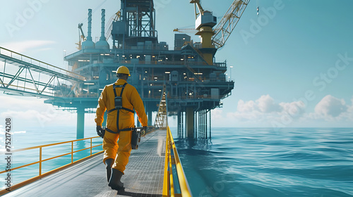 A male petroleum engineer in a field coverall walking or standing on a platform at a large offshore upstream oil and gas rig.