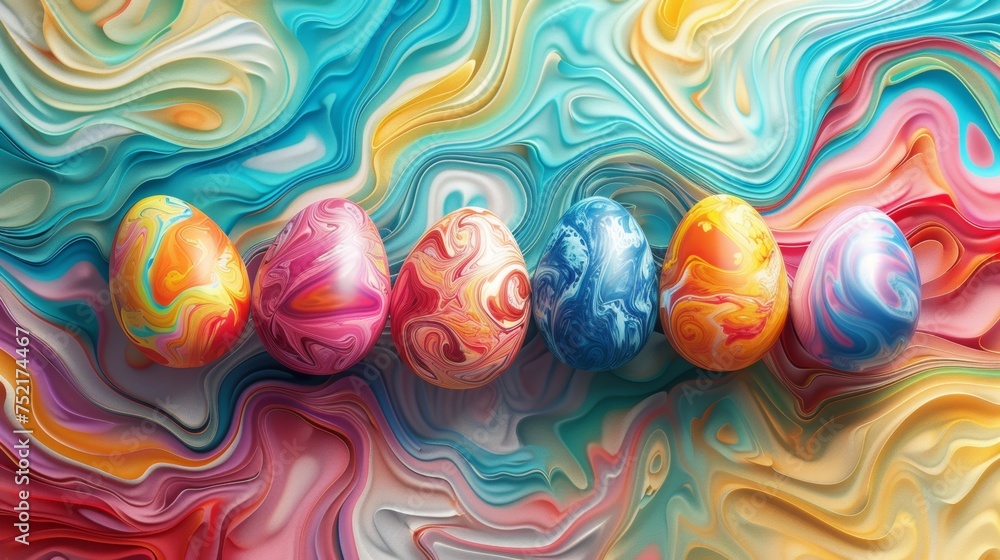 A group of vibrant and colorful eggs are arranged neatly on top of a table. Each egg is uniquely decorated, creating a festive and cheerful display. Generative AI