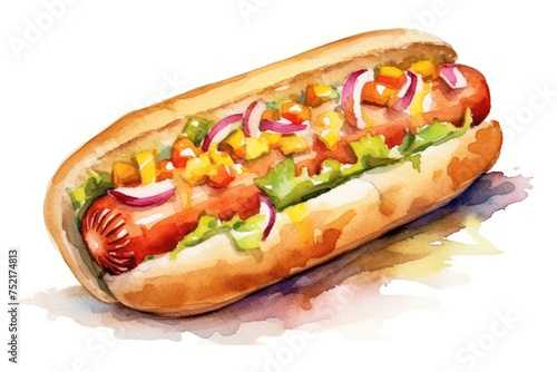 Hot dog close up isolated on white background, hand drawn watercolor illustration, cutout minimal. Realistic hot dog, icon, detailed. Grocery product advertising.