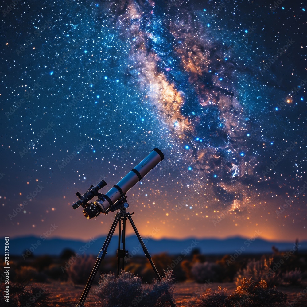 telescope and starry night sky in background. Astronomy and stars observing concept telescope and starry night sky in background. Astronomy and stars observing concept