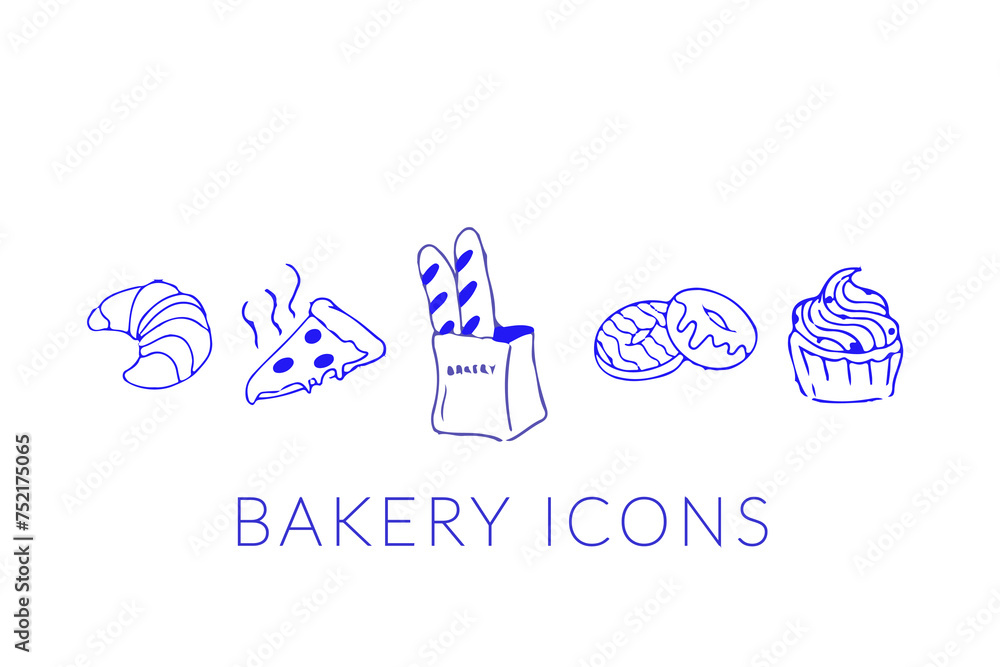 Cartoon flat vector illustrations bakery isolated on white background, linear retro icons set, doodle bakery icons