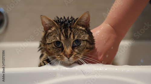 A person carefully washes their cat in the bath, gently lathering soap onto its fur while ensuring a comfortable and safe bathing experience.