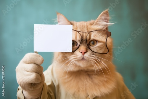 Cute cat wearing glasses in a suit holds empty blank white card in his paws on a pastel background