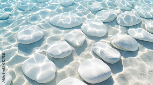 White stones rest beneath the transparent ripples of water  gently kissed by the shadow of sun rays.