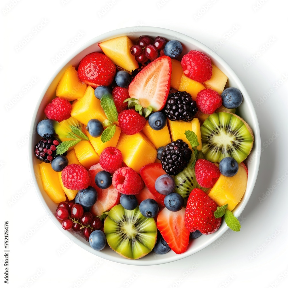 Obraz premium Salad Healthy Fresh on plate, isolated on white background. Vegetarian fruit salad with greens. Vegan mixed meal for restaurant, menu, advert or package, close up. Top view