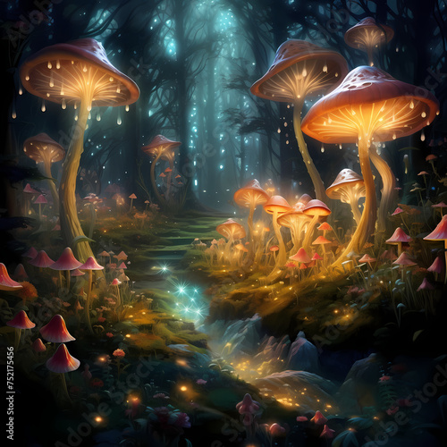 Mystical forest with glowing mushrooms.