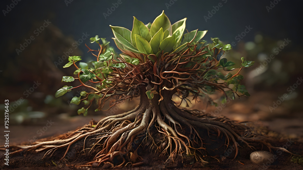 A beautifully detailed rendering of a small plant, its roots firmly planted in the rich, brown soil, capturing the intricate textures