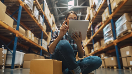 Warehouse Inventory Management with Digital Tablet. A focused female employee conducting inventory checks in a warehouse using a digital tablet, surrounded by packages. photo