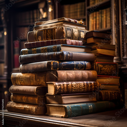 Old books stacked in an antique library. 
