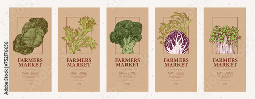 Farmers market recycled paper style flyers. Cabbage and lettuce engraved illustrations