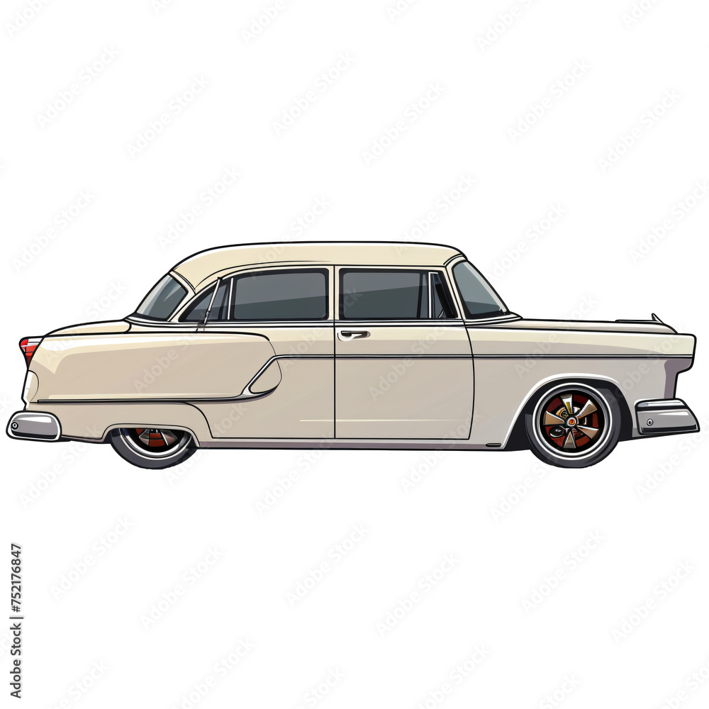 Cream retro custom sedan car illustration on transparent background PNG. Classic modified car design with low rider influence and custom culture concept.