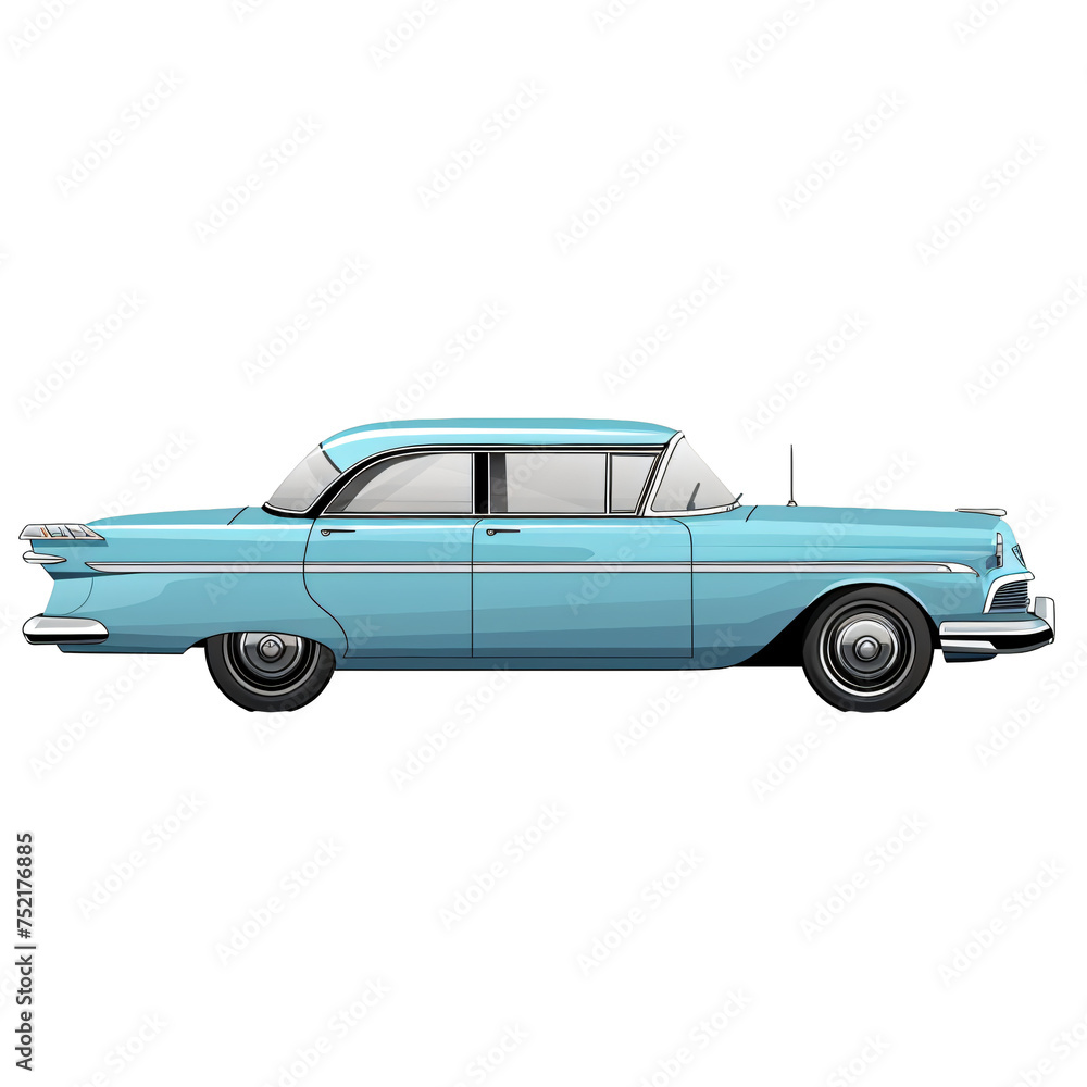Fototapeta premium Retro turquoise classic sedan car illustration. 1950s American car culture and design concept isolated on a transparent background PNG.
