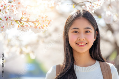 Radiant Joy: Japanese Teen Amid Cherry Blossoms