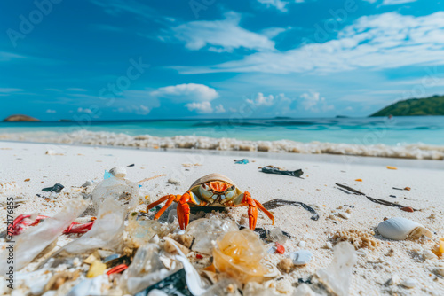 Lonely Beach Stroll: Hermit Crab Amidst Plastic Menace