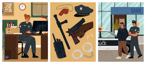 Police department and policeman at work scene