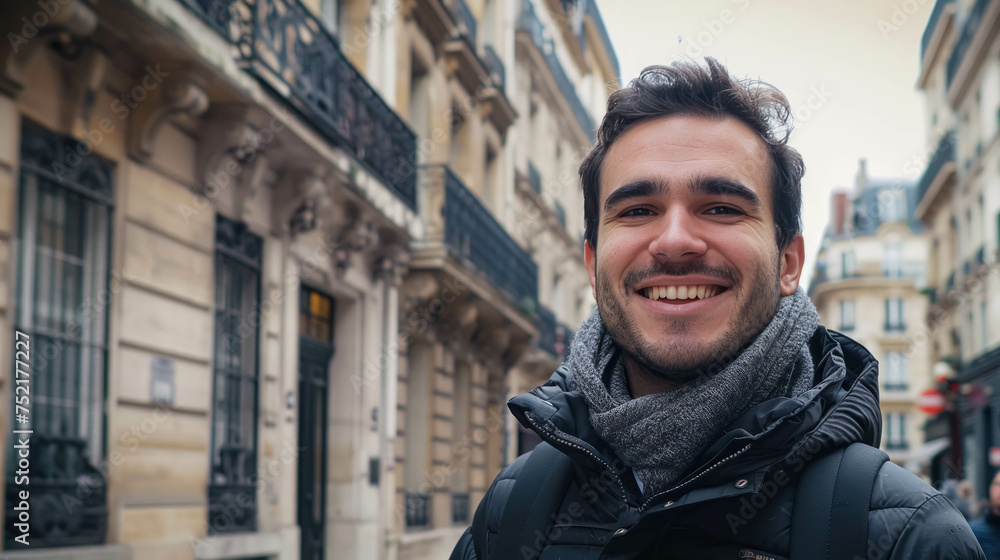 Happy And Smiling Man With A Backdrop Of Haussmannian Architecture And Building. Man In The Streets Of Paris Capital of France Happy And Smiling Man With A Backdrop Of Haussmannian Architecture And Building. Man In The Streets Of Paris Capital of France