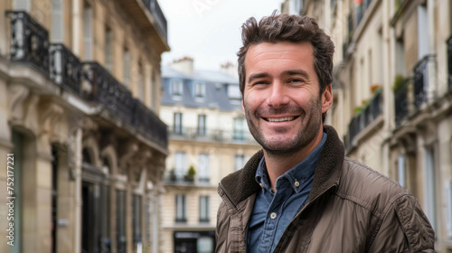 Fototapeta Naklejka Na Ścianę i Meble -  Happy And Smiling Man With A Backdrop Of Haussmannian Architecture And Building. Man In The Streets Of Paris Capital of France 
