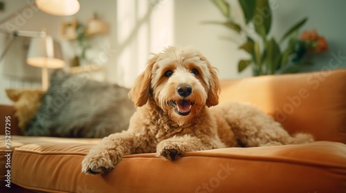 Cute dog lies on a comfortable sofa in a modern bright living room 