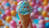 Hand Holding Blue Ice Cream Cone With Sprinkles