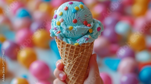 Hand Holding Blue Ice Cream Cone With Sprinkles
