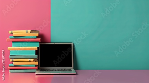 A modern opened laptop lies on books on the table on a bright background, concept of back to school, distance learning, working online, freelancing, copyspace for your text 