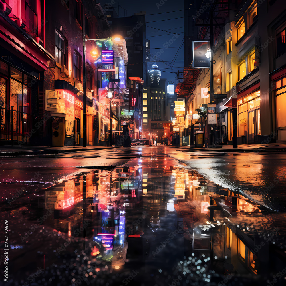 Reflections of city lights on a rainy night.