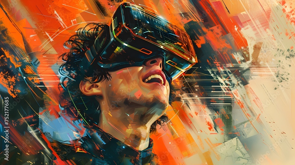 Man Wearing Virtual Reality Glasses in Vibrant Digital Art, To provide a visually striking and thought-provoking representation of virtual reality