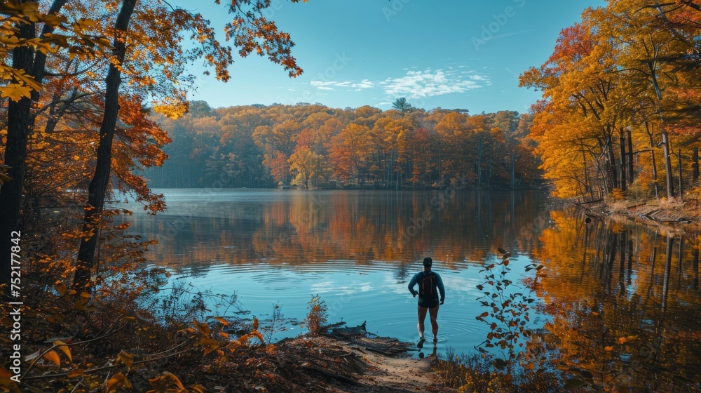 Man Standing on Shore of Lake