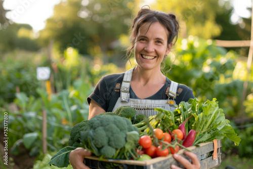 Close up portrait of happy woman gardener in a garden, greenhouse holding a wooden crate of vegetables