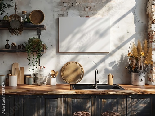 White canvas mock up in the modern kitchen for wall, art and decoration
