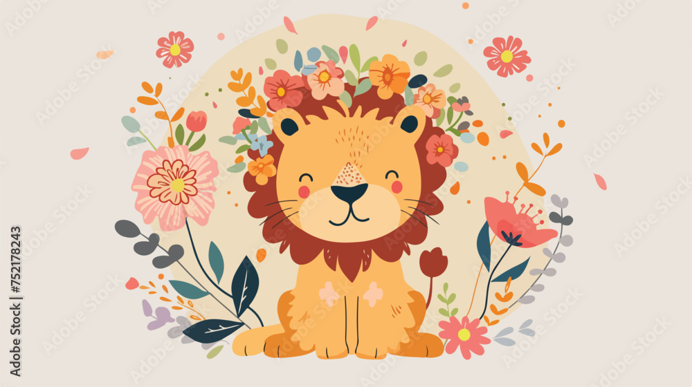 Cute little lion with flower wreath. Flat vector.
