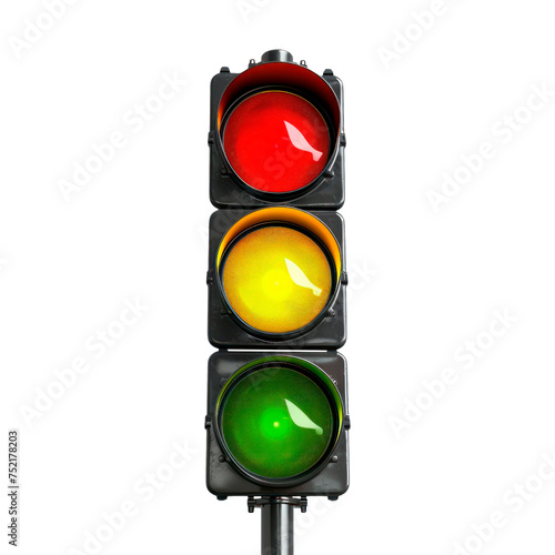 Traffic light on a metal pole. Isolated on transparent background.