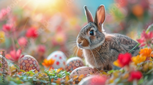 Rabbit Sitting in Field of Flowers