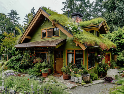 Eco-Friendly Green Roof House Surrounded by Lush Garden
