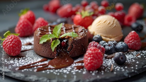 Decadent Chocolate Cake With Berries and Ice Cream