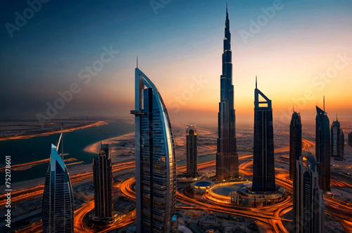 Evening view of silhouettes Dubai city modern skyscrapers at sunset background. Cityscape UAE city with new towers at dusk sky. Construction and modern architecture concept. Copy ad text space, poster